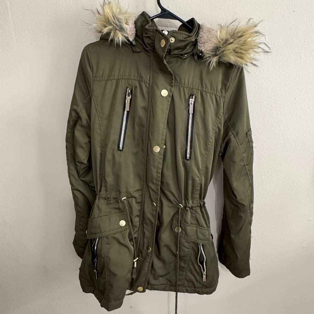 YMI Olive Utility Jacket with Faux Fur Hood